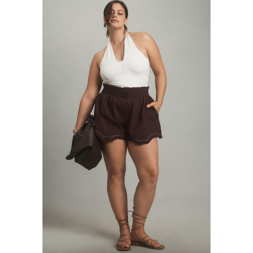 By Anthropologie Scallop-Hem Shorts drawstring maroon-ish brown 1X